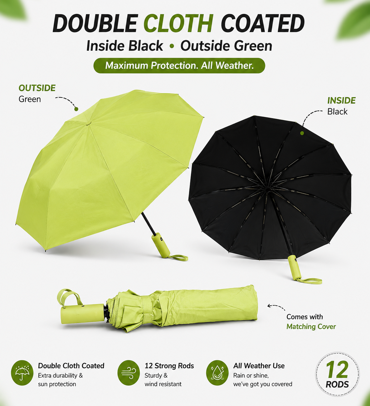 Automatic Folding Umbrella | 12 Strong Rods | Double Cloth Coated | Windproof | UV Sun Protection | Large Size