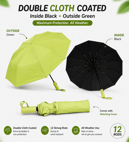 Automatic Folding Umbrella | 12 Strong Rods | Double Cloth Coated | Windproof | UV Sun Protection | Large Size