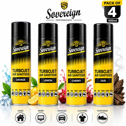 Sovereign Air Sanitiser Spray 500ml Pack of 4 (Lemon, Oud, Cherry & Savage) | Long-Lasting Turbojet Air Freshener for Car & Home | Premium Household Aroma Spray