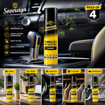 Sovereign Air Sanitiser Spray 500ml Pack of 4 (Lemon, Oud, Cherry & Savage) | Long-Lasting Turbojet Air Freshener for Car & Home | Premium Household Aroma Spray