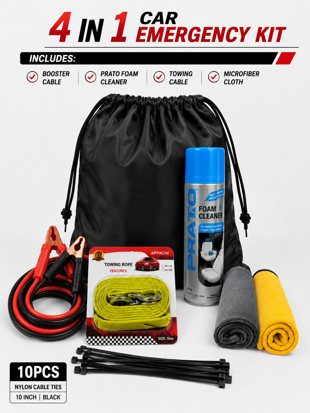 4 IN 1 CAR EMERGENCY KIT Includes: Booster Cable, Prato Foam Cleaner, Towing Cable, Zip Ties& Microfiber Cloth